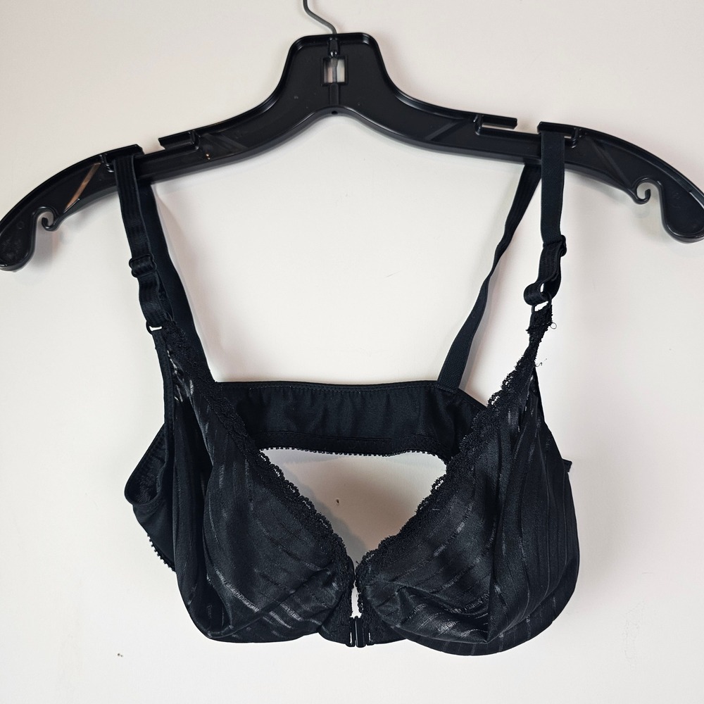 Warners Vintage Front Closure Underwire Bra Black Striped Satin Lace 4540 36B